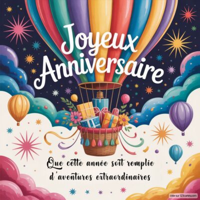 Une montgolfière avec des cadeaux, sur un fond étoilé, accompagne le message 'Joyeux Anniversaire' et des vœux d'aventures.