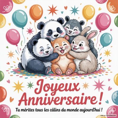 Cinq animaux en peluche, dont des pandas et un lapin, s'enlacent joyeusement pour célébrer l'amitié et l'anniversaire.
