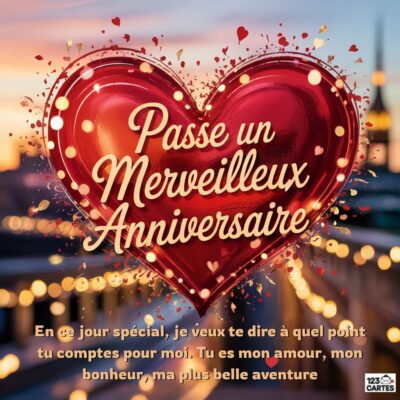 Carte d'anniversaire en forme de cœur rouge, décorée de confettis. Message : Passe un Merveilleux Anniversaire.