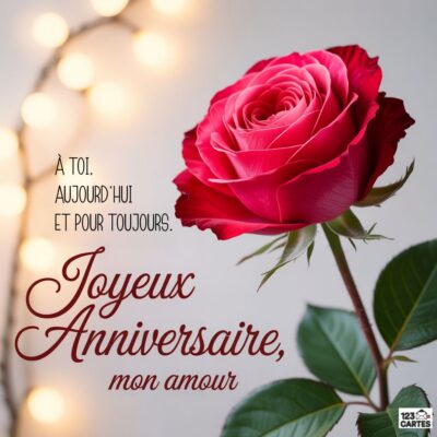 Une rose rouge sur fond flou avec des lumières scintillantes, accompagnée du texte : Joyeux Anniversaire, mon amour.