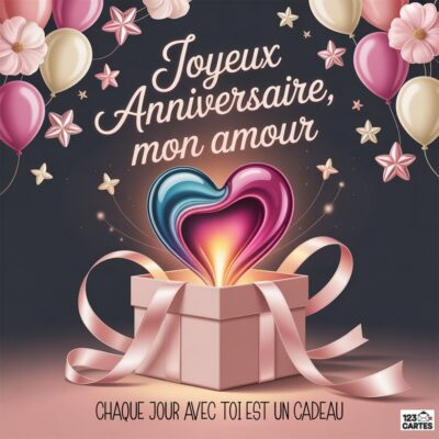 Carte d'anniversaire avec un cadeau ouvert, un cœur coloré émettant de la lumière et des ballons roses et blancs en fond.
