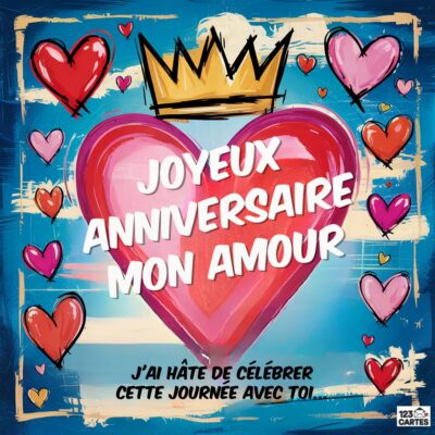 Carte d'anniversaire avec un grand cœur rose, des cœurs variés et un texte joyeux au centre. Un joli couronnement l’orne.