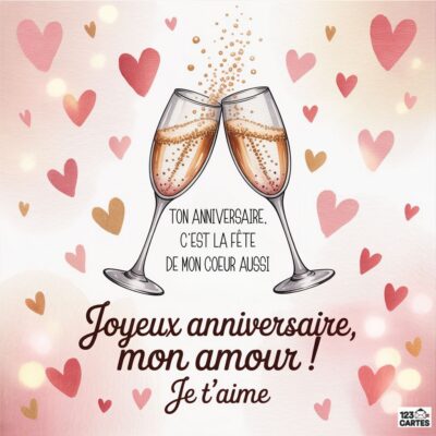 Deux flûtes à champagne trinquant, entourées de cœurs colorés. Texte joyeux : Joyeux anniversaire, mon amour ! Je t'aime.