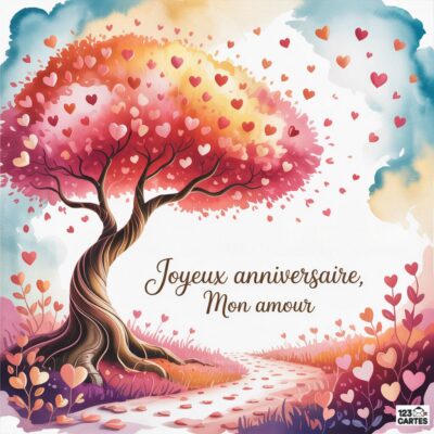 Une carte d'anniversaire avec un arbre rose parsemé de cœurs, accompagnée du message Joyeux anniversaire, Mon amour.