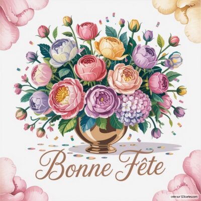 Vase doré rempli de bouquets de fleurs variées, avec le texte Bonne Fête en dessous, sur un fond clair.