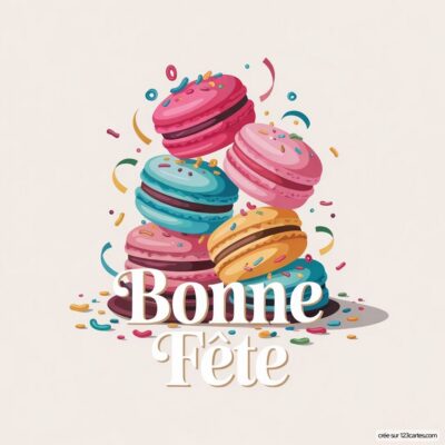 Un tas de macarons pastel sur fond clair, avec des confettis colorés et le texte Bonne Fête en gros caractères.
