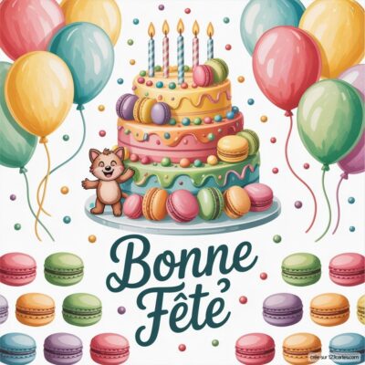 Un gâteau d'anniversaire avec des bougies, entouré de ballons, et un petit animal souriant. Macarons en bas avec Bonne Fête.