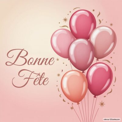 Bouquet de ballons roses et pêches avec le texte Bonne Fête en lettres élégantes sur fond doux. Éclats dorés autour.