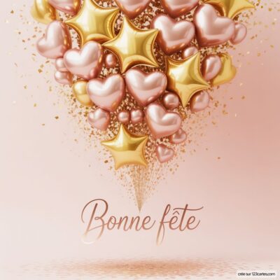 Des ballons en forme de cœurs et d'étoiles flottent, sur fond rose, avec le texte Bonne fête au centre.