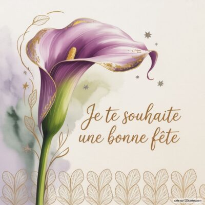 Une fleur de calla violette avec un fond doux, accompagnée du texte Je te souhaite une bonne fête.