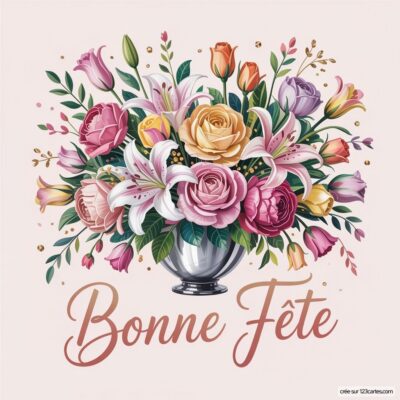 Un élégant bouquet de fleurs variées avec des roses, des lys et des tulipes, accompagné de la mention Bonne Fête.