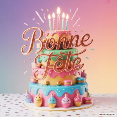 Gâteau festif à plusieurs étages avec des bougies, des macarons et des cupcakes, sur fond pastel. Texte Bonne Fête en relief.