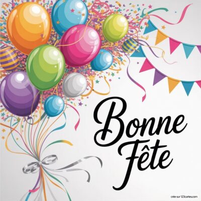 Bouquet de ballons flottants avec des confettis et des fanions, sur fond clair. Texte Bonne Fête en cursive au centre.