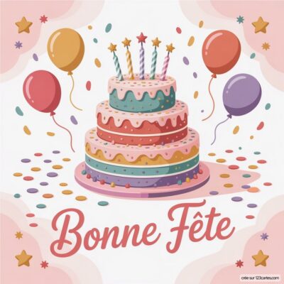 Gâteau à étages décoré avec des bougies et des ballons, accompagné de confettis. Texte Bonne Fête en bas.