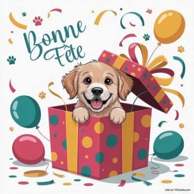 Un chiot joyeux sort d'un grand paquet cadeau décoré, entouré de ballons et de confettis. Texte Bonne Fête au-dessus.