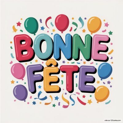 Texte Bonne fête en lettres stylisées entouré de ballons et confettis, créant une ambiance festive.