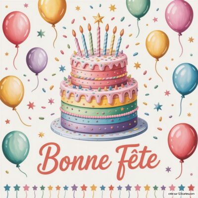 Gâteau à étages avec bougies et ballons autour, accompagné du texte Bonne fête en bas. Idéal pour célébrer un anniversaire.