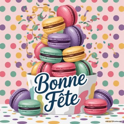 Carte de vœux pour une fête avec un tas de macarons, accompagnée de confettis et du texte Bonne Fête en lettres stylisées.