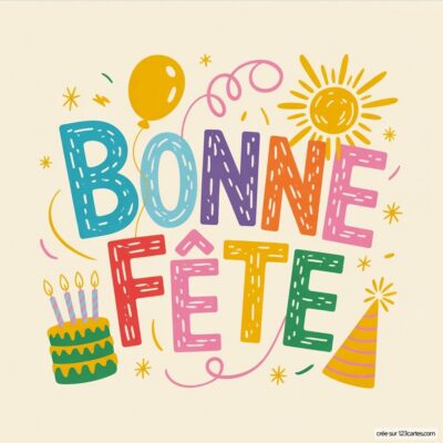 Texte Bonne fête en grandes lettres, entouré de ballons, d'un gâteau à bougies et d'un chapeau de fête.