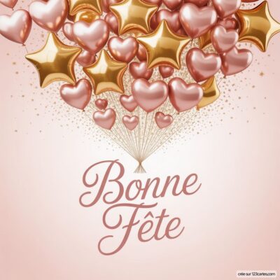 Un bouquet de cœurs et d'étoiles dorées avec le texte Bonne Fête en dessous sur un fond pastel.