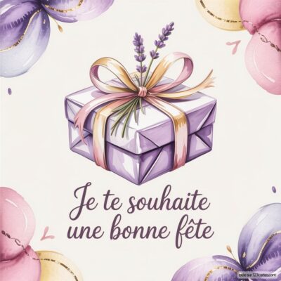 Un cadeau violet avec un nœud, entouré de fleurs pastel et le message Je te souhaite une bonne fête en dessous.