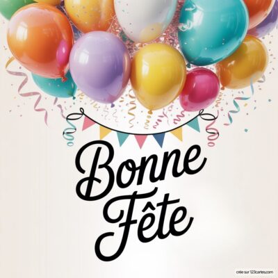 Des ballons multicolores flottent au-dessus de la phrase Bonne Fête entourée de confettis et de guirlandes festives.