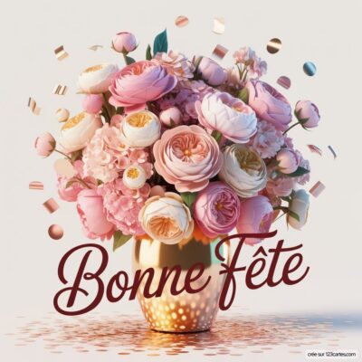 Vase doré rempli de roses et fleurs variées avec le texte Bonne Fête en lettres élégantes. Festivités garanties !