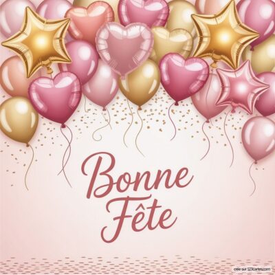 Ballons en forme de cœur et d'étoile sur fond clair, avec le texte Bonne Fête inscrit au centre. Parfait pour célébrer.