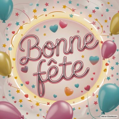 Texte Bonne fête entouré de ballons et d'étoiles, créant une ambiance festive et joyeuse pour célébrer l'occasion.