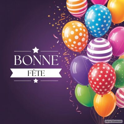 Cartes virtuelles de bonne fête avec des ballons festifs. Le texte Bonne fête est bien mis en avant au centre.