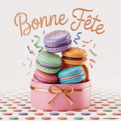 Un gâteau rose décoré d'un nœud, surmonté de macarons assortis, avec des confettis et l'inscription Bonne Fête.