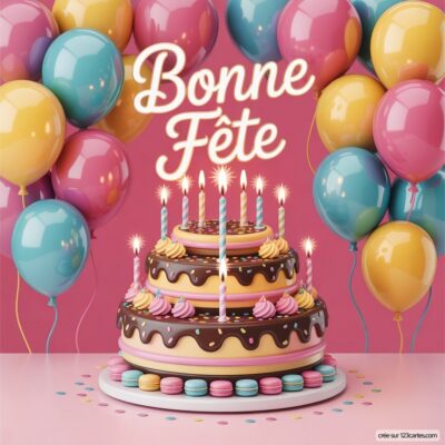 Gâteau d'anniversaire à étages avec bougies allumées, décoré de friandises, entouré de ballons festifs. Texte Bonne Fête.