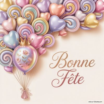 Bouquet de cœurs et de tourbillons avec un ballon portant une couronne, accompagné du texte Bonne Fête.