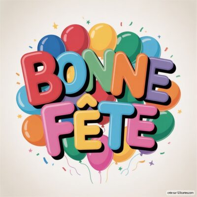 Texte 'Bonne Fête' en grandes lettres, entouré de ballons et de confettis, créant une ambiance festive.