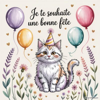 Un chat mignon portant un chapeau de fête, entouré de ballons et de fleurs, avec le texte Je te souhaite une bonne fête.