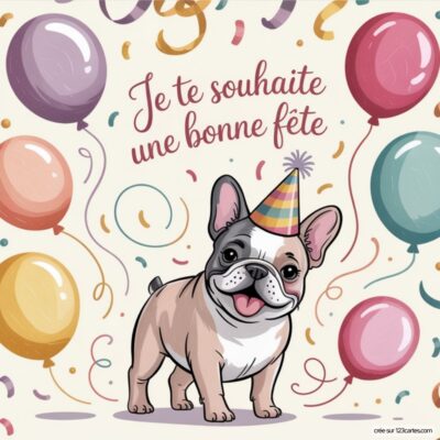 Un chien français bulldog avec un chapeau de fête sourit, entouré de ballons et de confettis. Texte : Je te souhaite une bonne fête.