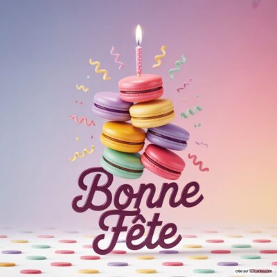 Tourte de macarons empilés avec une bougie, accompagnée de confettis. Texte Bonne Fête en bas sur un fond festif.