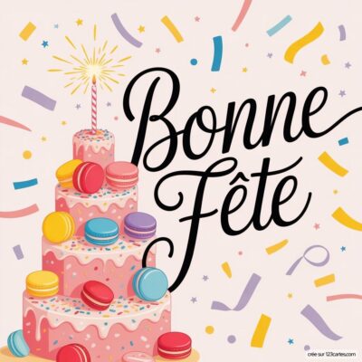 Gâteau d'anniversaire à trois étages décoré de macarons et d'une bougie, avec le texte Bonne Fête en belles lettres.