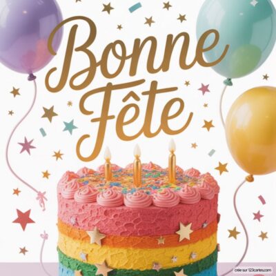 Gâteau festif à étages avec bougies, entouré de ballons et d'étoiles. Texte Bonne Fête en grand au-dessus.