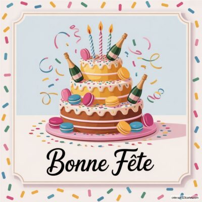 Un gâteau à trois niveaux avec des bougies, des macarons et des bouteilles de champagne, entouré de confettis. Bonne fête !