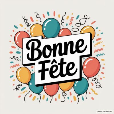 Carte de fête avec des ballons et des confettis, au centre l'inscription 'Bonne Fête' en grosses lettres.