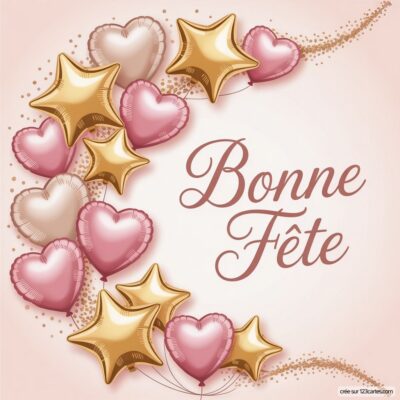 Des ballons en forme d'étoiles et de cœurs entourent le texte Bonne Fête sur un fond doux et festif.
