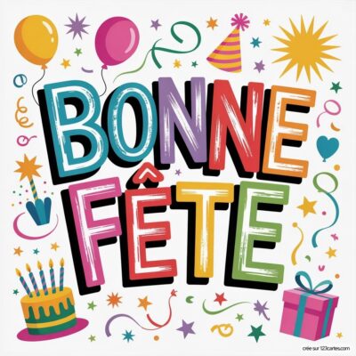 Le texte 'BONNE FÊTE' au centre, entouré de ballons, étoiles, un gâteau d'anniversaire et un cadeau.