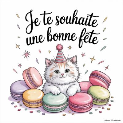 Un chat mignon avec un chapeau de fête est entouré de macarons en pastel, accompagné du message Je te souhaite une bonne fête.