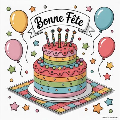 Gâteau à étages décoré avec des bougies, entouré de ballons et d'étoiles, avec le texte Bonne Fête en haut.