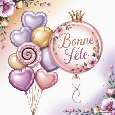 Ballons en forme de cœur et spiral, avec un grand ballon rose portant le texte Bonne Fête et des fleurs autour.