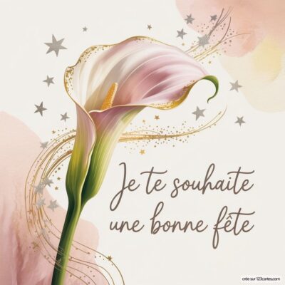Une fleur de calla délicate avec un message touchant : Je te souhaite une bonne fête, accompagné d'étoiles scintillantes.