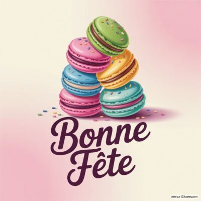 Un tas de macarons aux teintes variées avec des perles colorées, accompagné du texte Bonne Fête en élégante typographie.