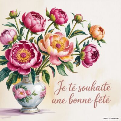 Bouquet de pivoines dans un vase en porcelaine, accompagné du texte Je te souhaite une bonne fête en élégantes lettres cursives.