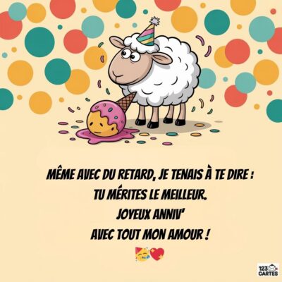 Carte d'anniversaire humoristique avec un mouton portant un chapeau, tenant une glace tombée. Texte : Joyeux anniversaire en retard !